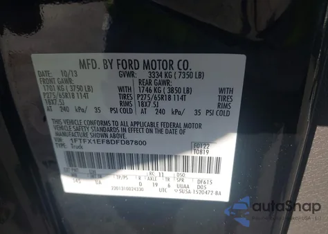 2013 Ford F-150 Xlt z USA, uszkodzony, nr VIN 1FTFX1EF8DFD87800